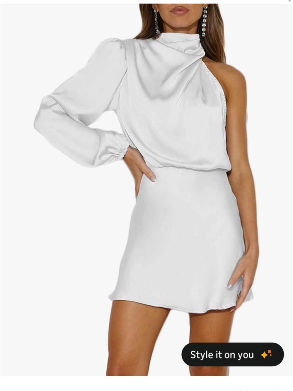 Amazon White One-Shoulder Mini Dress with Long Puff Sleeve